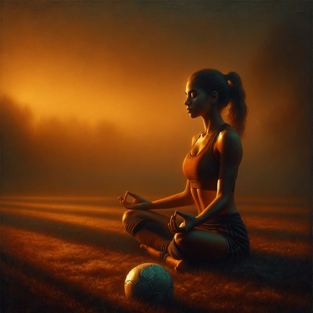 athlete meditating on sports field at sunrise