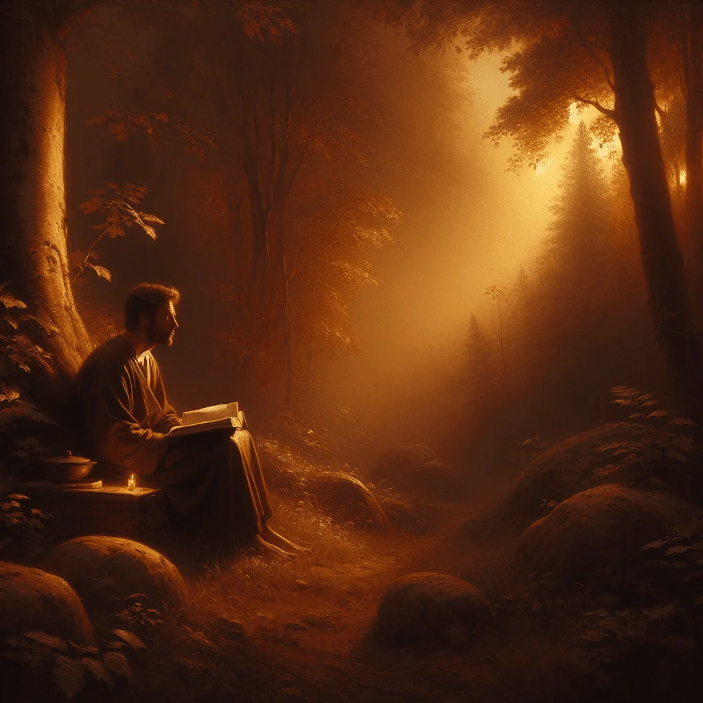 Christian man meditating with Bible in forest setting