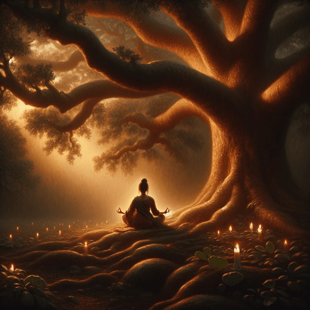 Woman meditating under a tree using guided meditation for grounding and centering