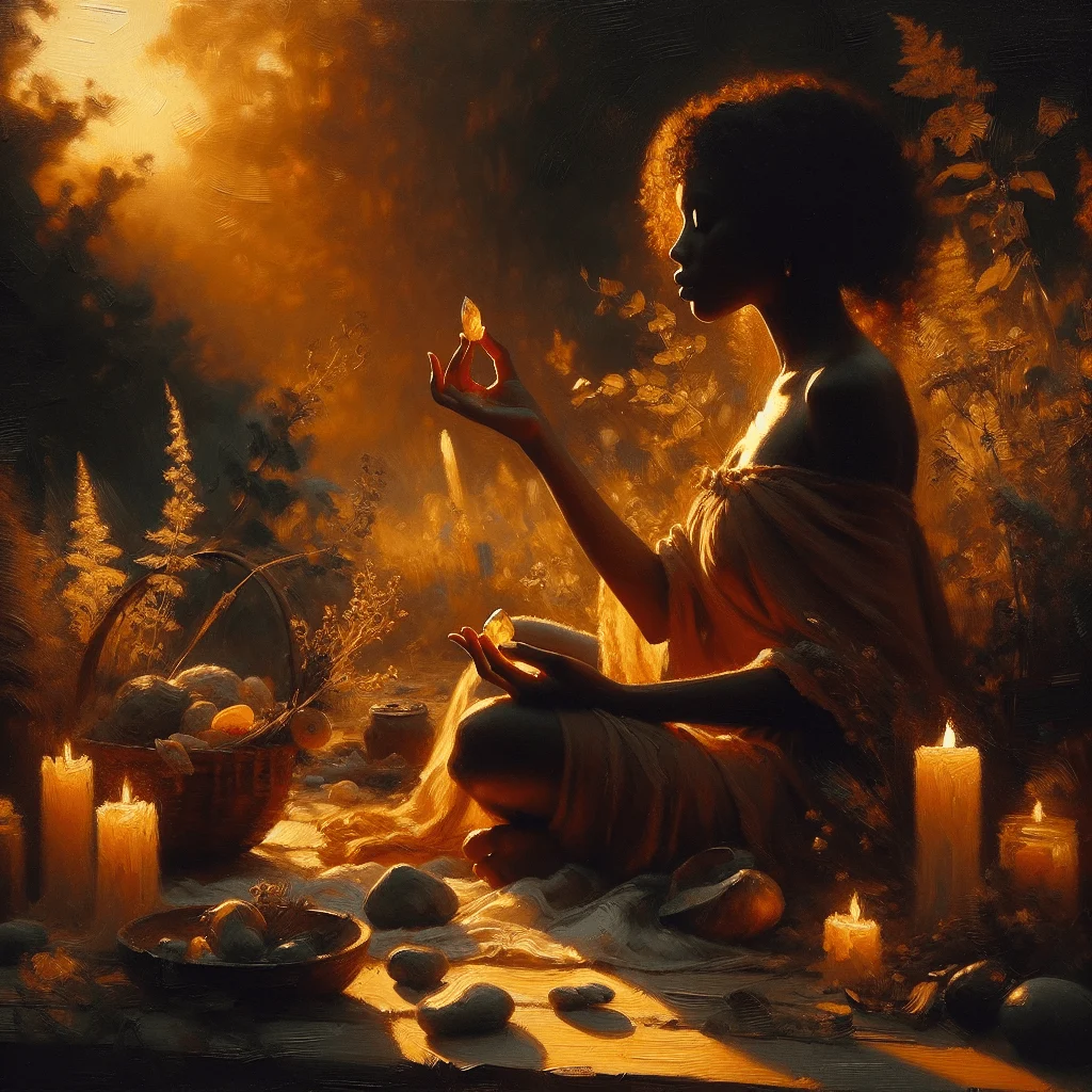 Woman meditating outdoors holding citrine stone focused in spiritual practice
