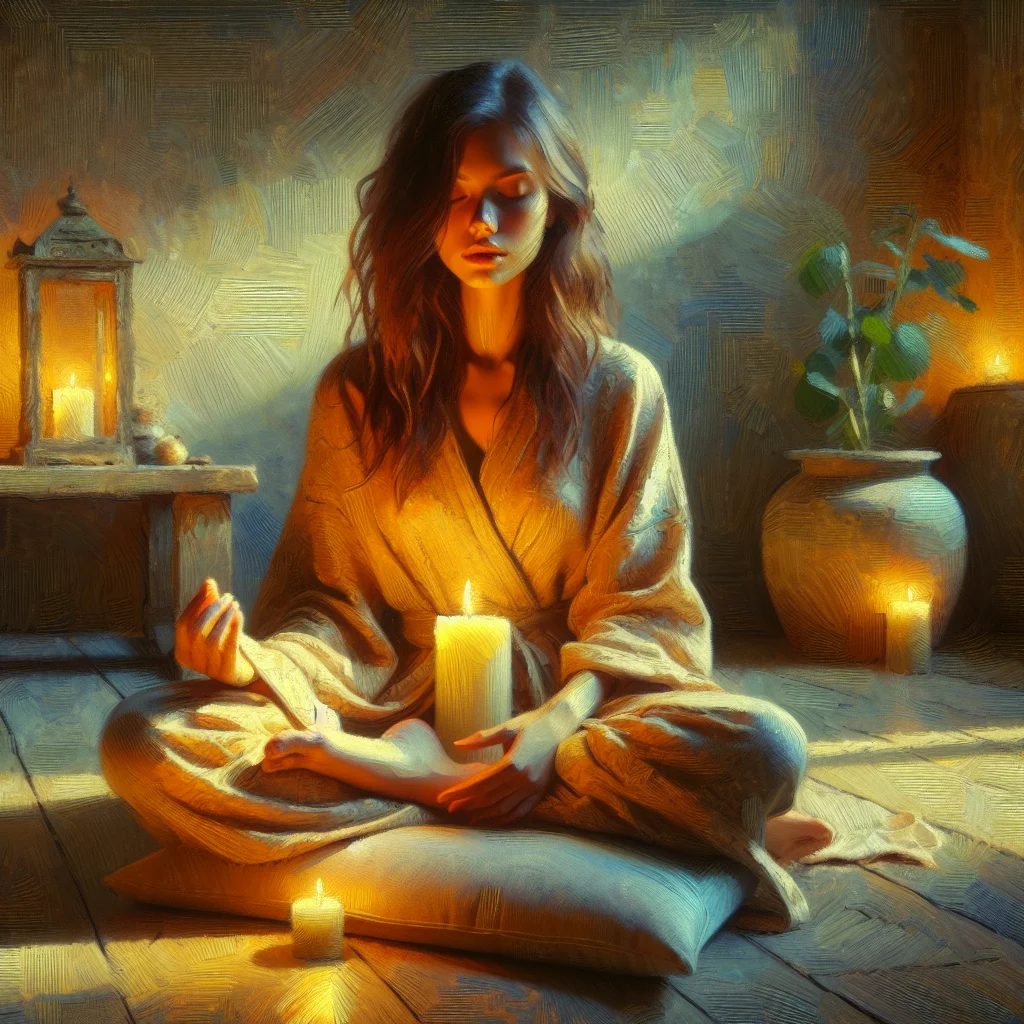 Woman meditating outside wearing contact lenses, relaxed posture