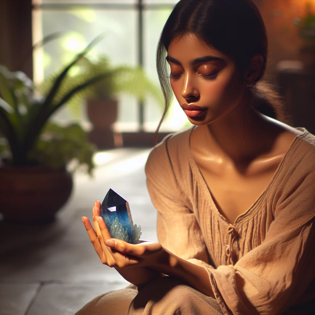 Person meditating with blue kyanite crystal during sunrise