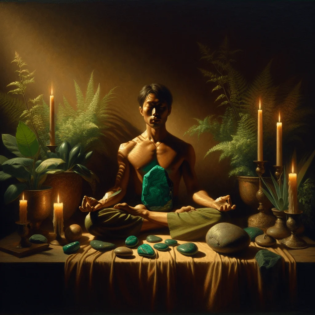 how to meditate with malachite crystal placed on a meditation mat