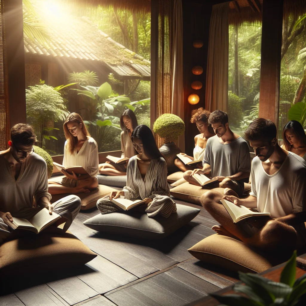 Group sitting cross-legged while reading best meditation and mindfulness books, in a peaceful indoor space with cushions and natural light.