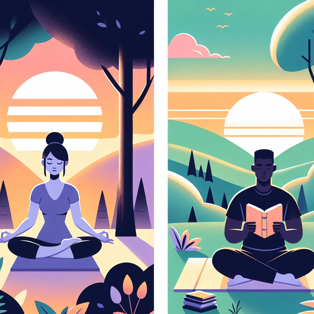 A beginner sitting in a peaceful forest reading a meditation book