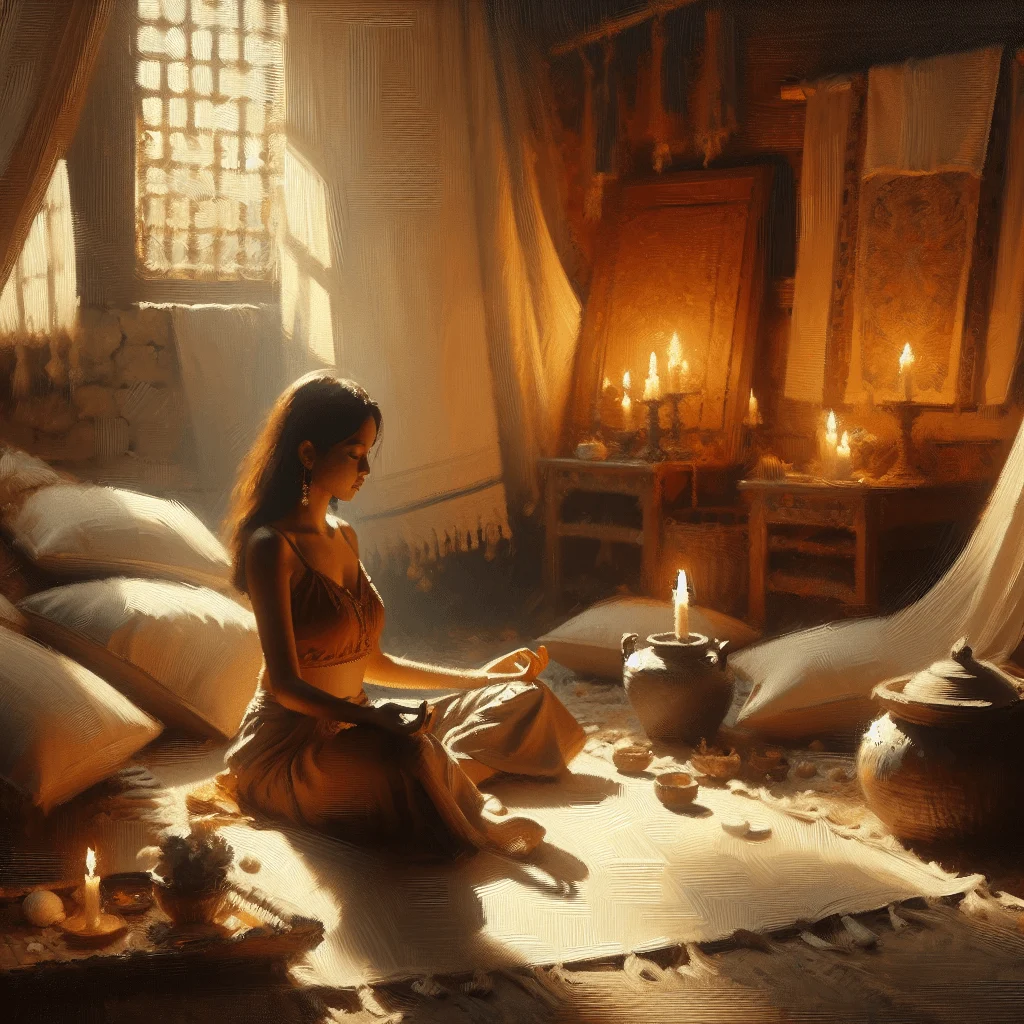 woman sitting cross-legged on cushion in comfortable meditation clothes in bright room