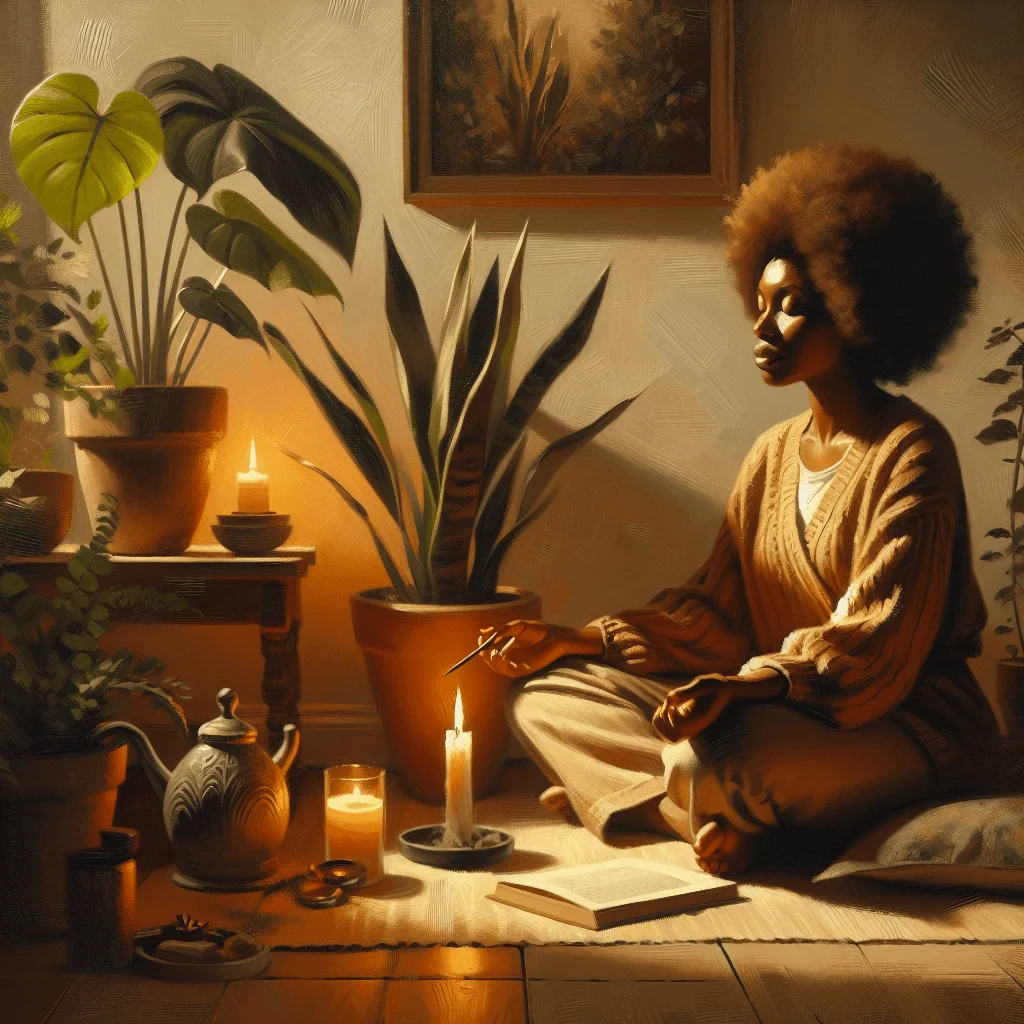 Calm person practicing AA meditation for today in a cozy indoor space