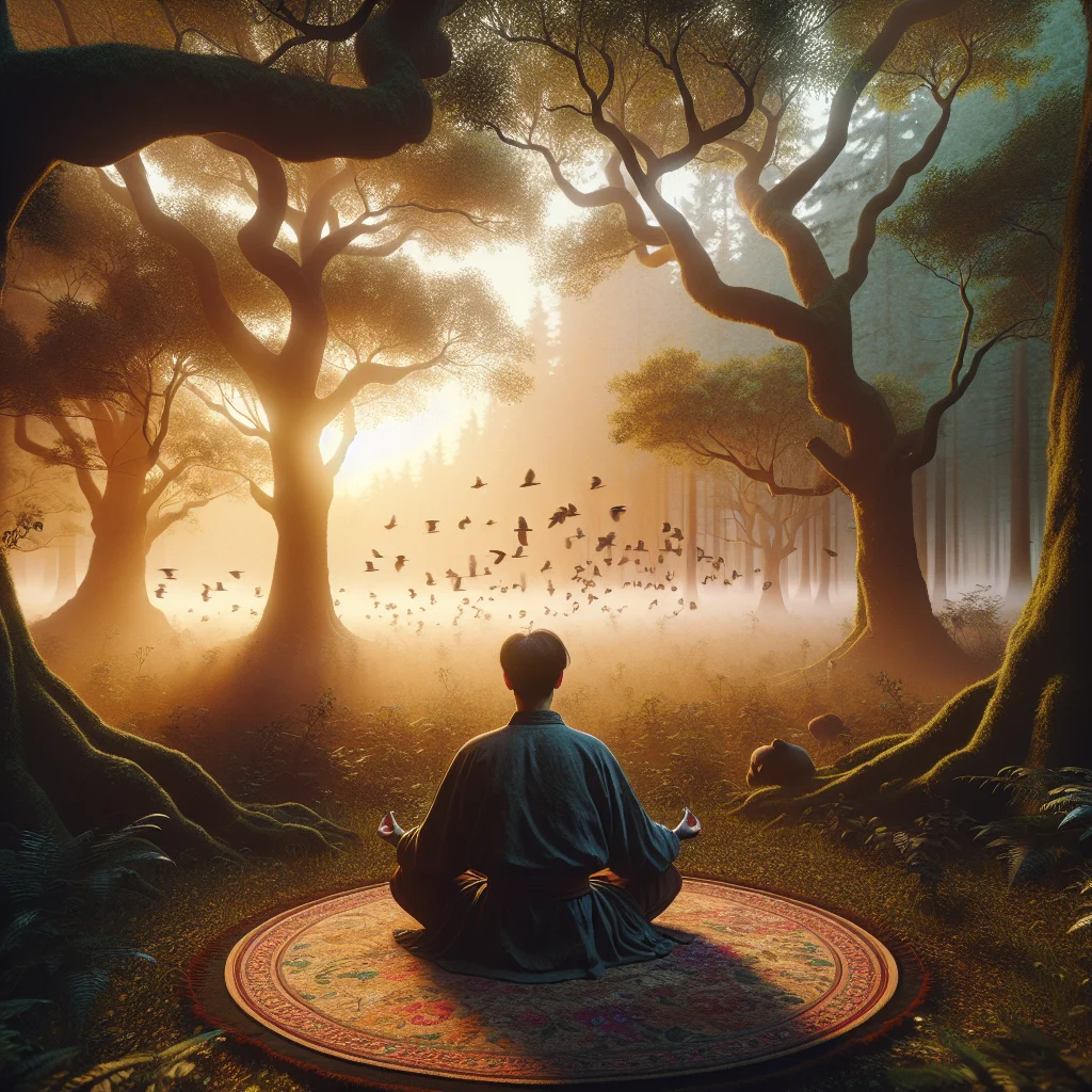 A serene forest with sunlight filtering through trees where a person sits peacefully meditating.