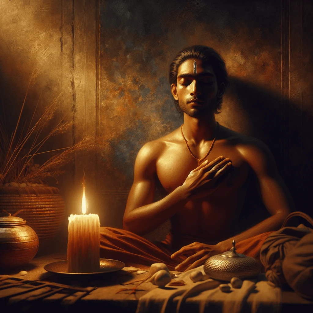 Person meditating with eyes closed and candlelight, practicing meditation for opening heart chakra