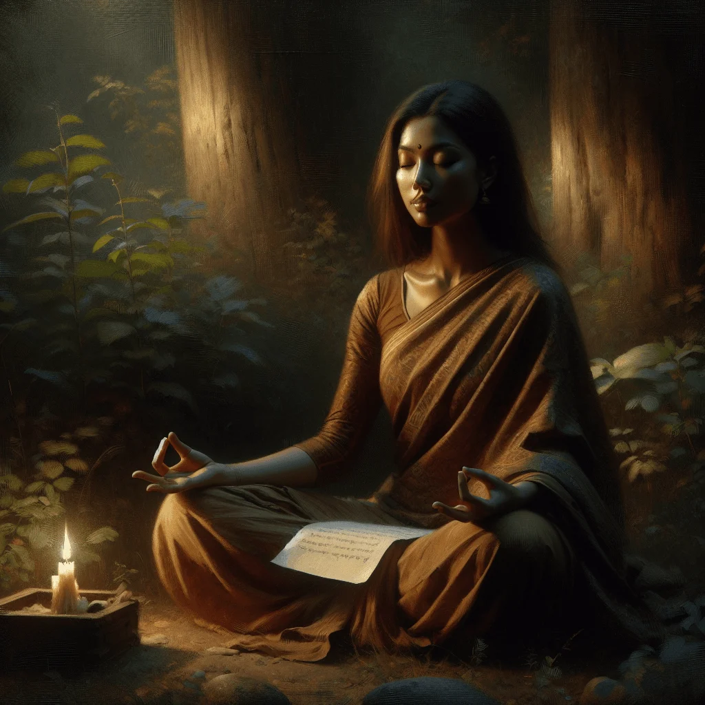 A person following a meditation script for anxiety in nature, sitting near trees with calm focus.