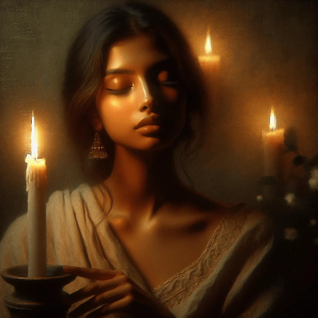 Woman meditating with eyes closed, visualizing desired reality using Neville Goddard's method