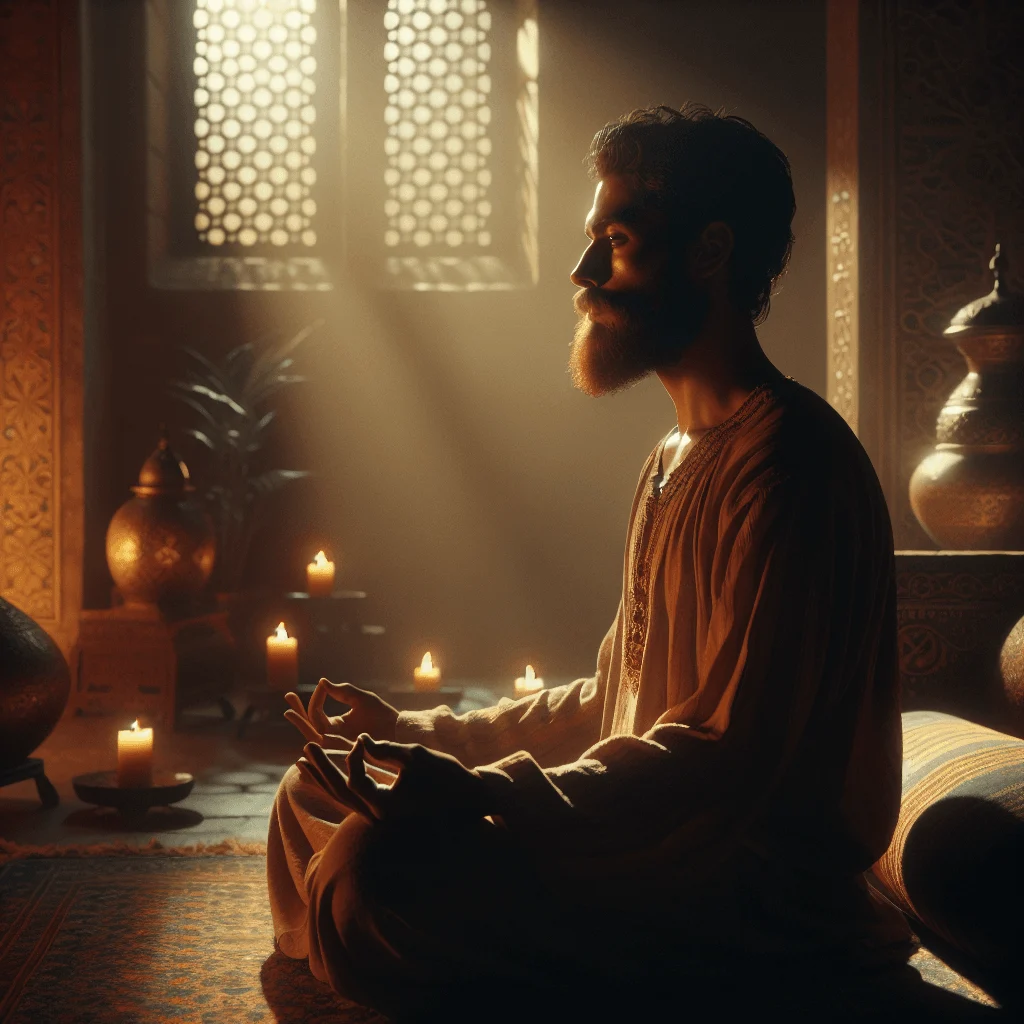Person meditating using Neville Goddard's imagination-based method, seated in calm surroundings with eyes gently closed