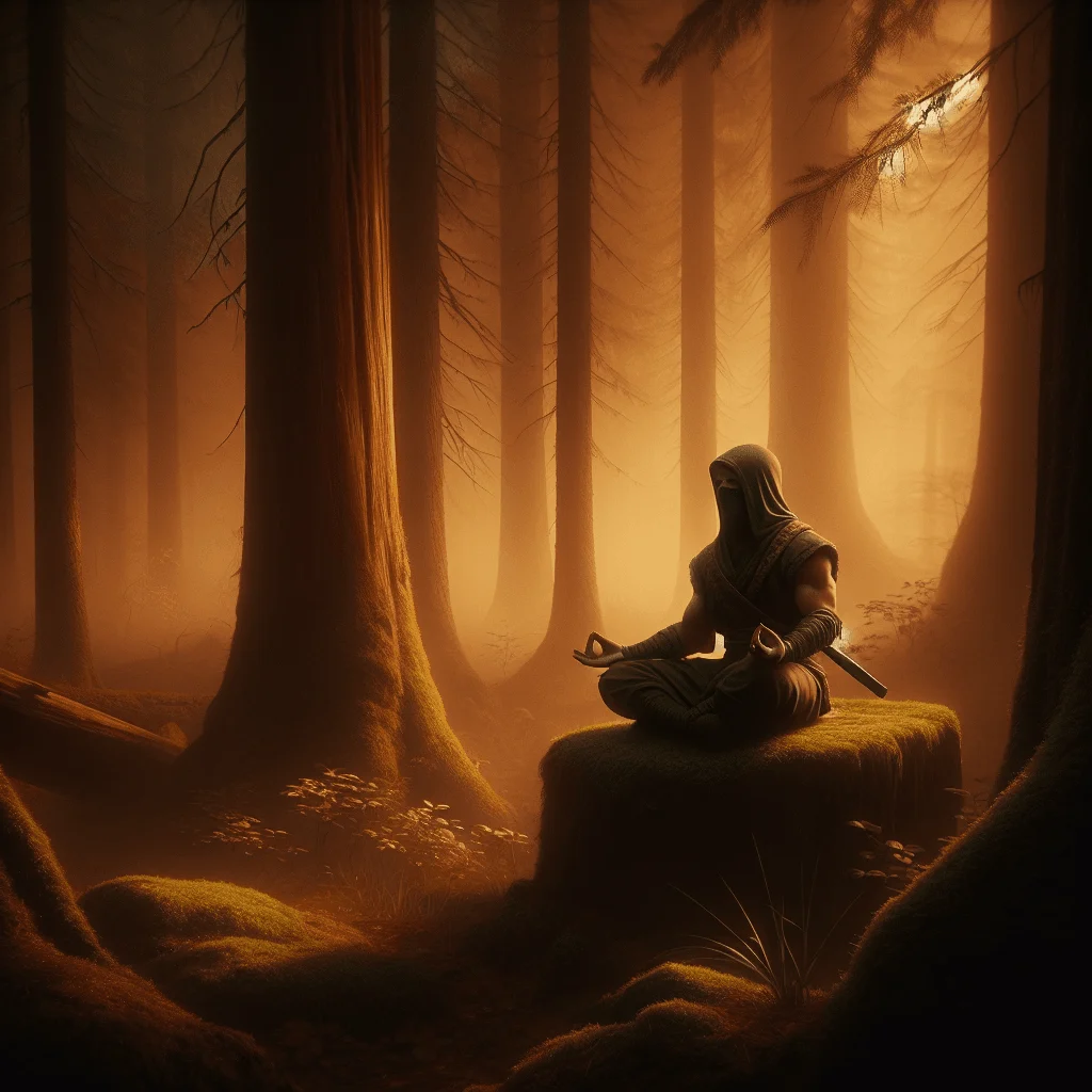 A person practicing how to meditate like a ninja in nature, sitting cross-legged on a rock in a misty forest, surrounded by trees and early morning fog.