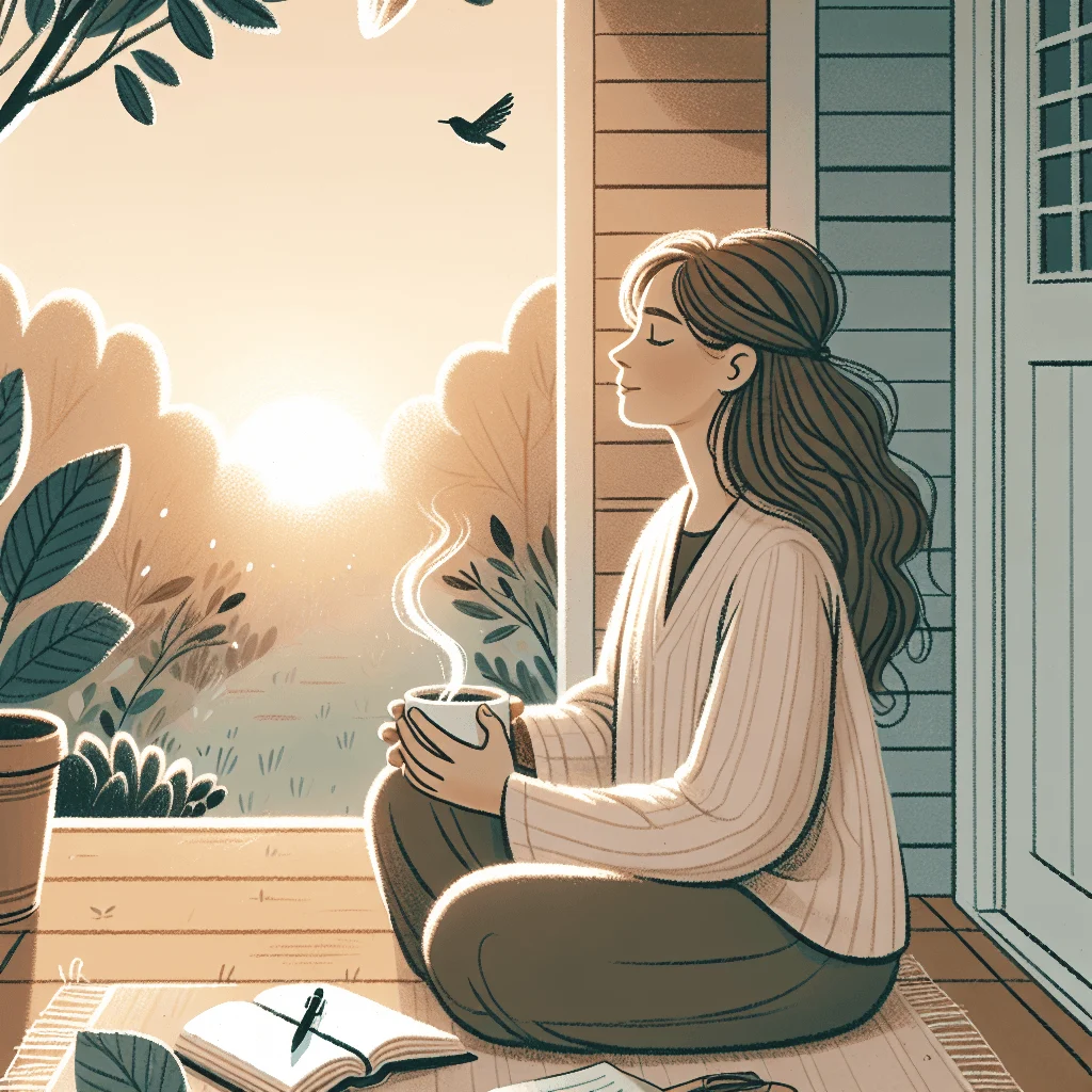 Peaceful Christian woman practicing mindfulness during sunrise with Bible and coffee