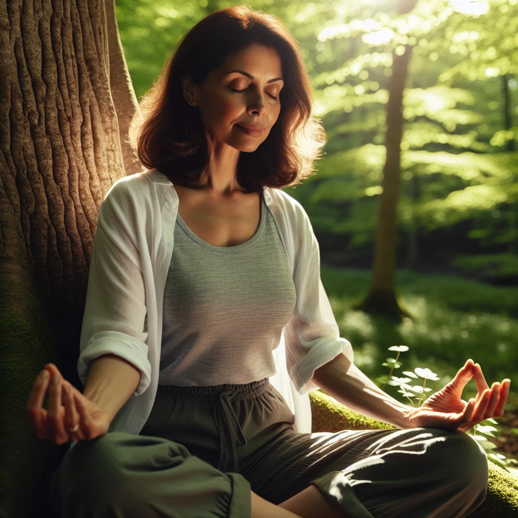 Peaceful woman reflecting in nature during her meditation just for today