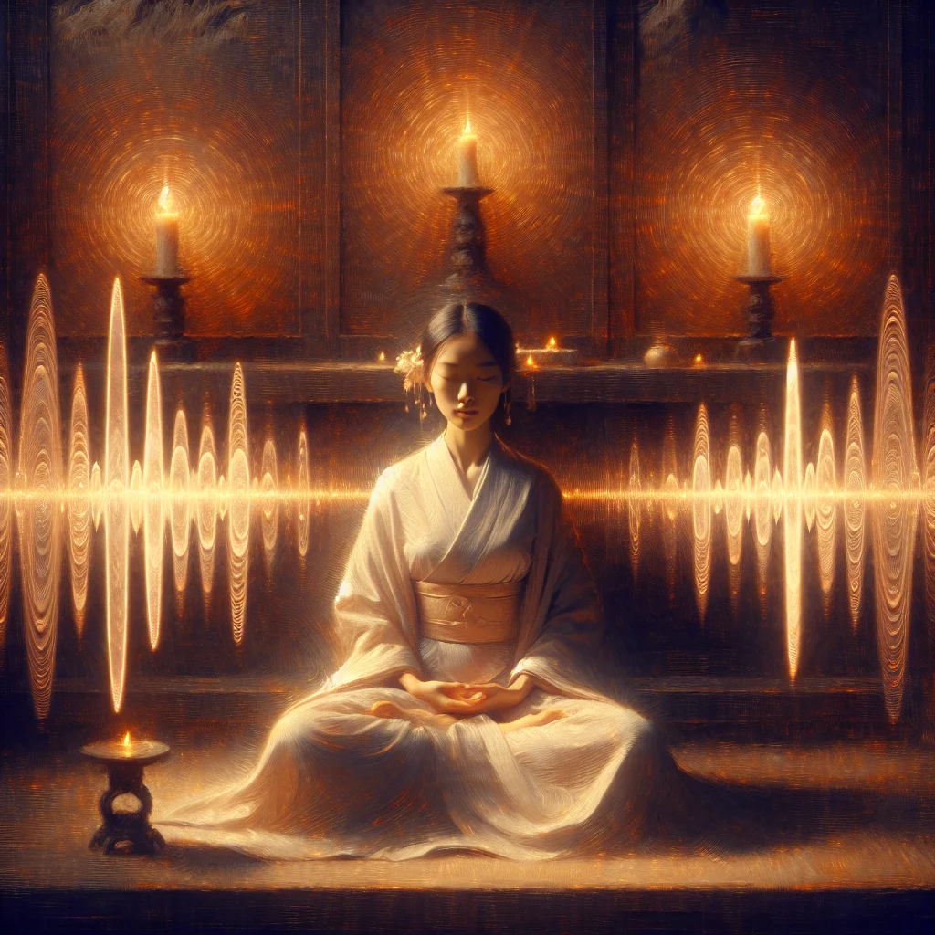 Peaceful woman meditating with sound frequency waves flowing around her