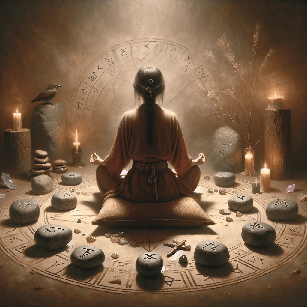 Person meditating surrounded by rune stones, spiritual altar, and natural light