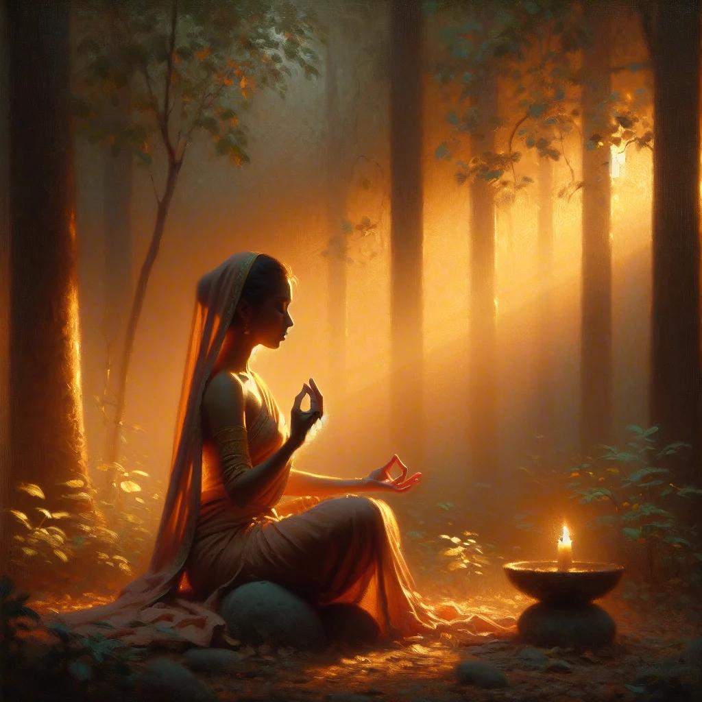 Woman practicing primordial sound meditation in serene nature