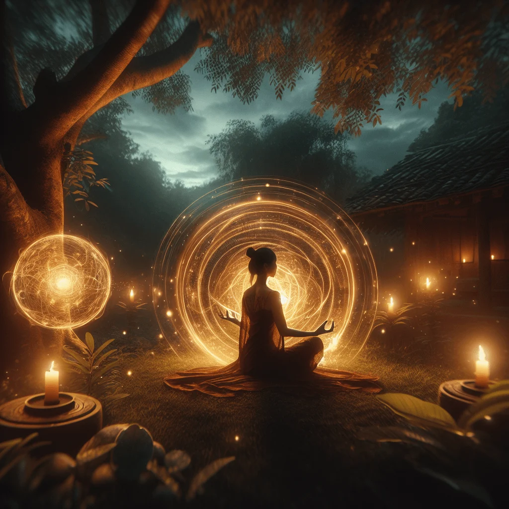 Woman practicing quantum meditation surrounded by an ethereal energy field outdoors