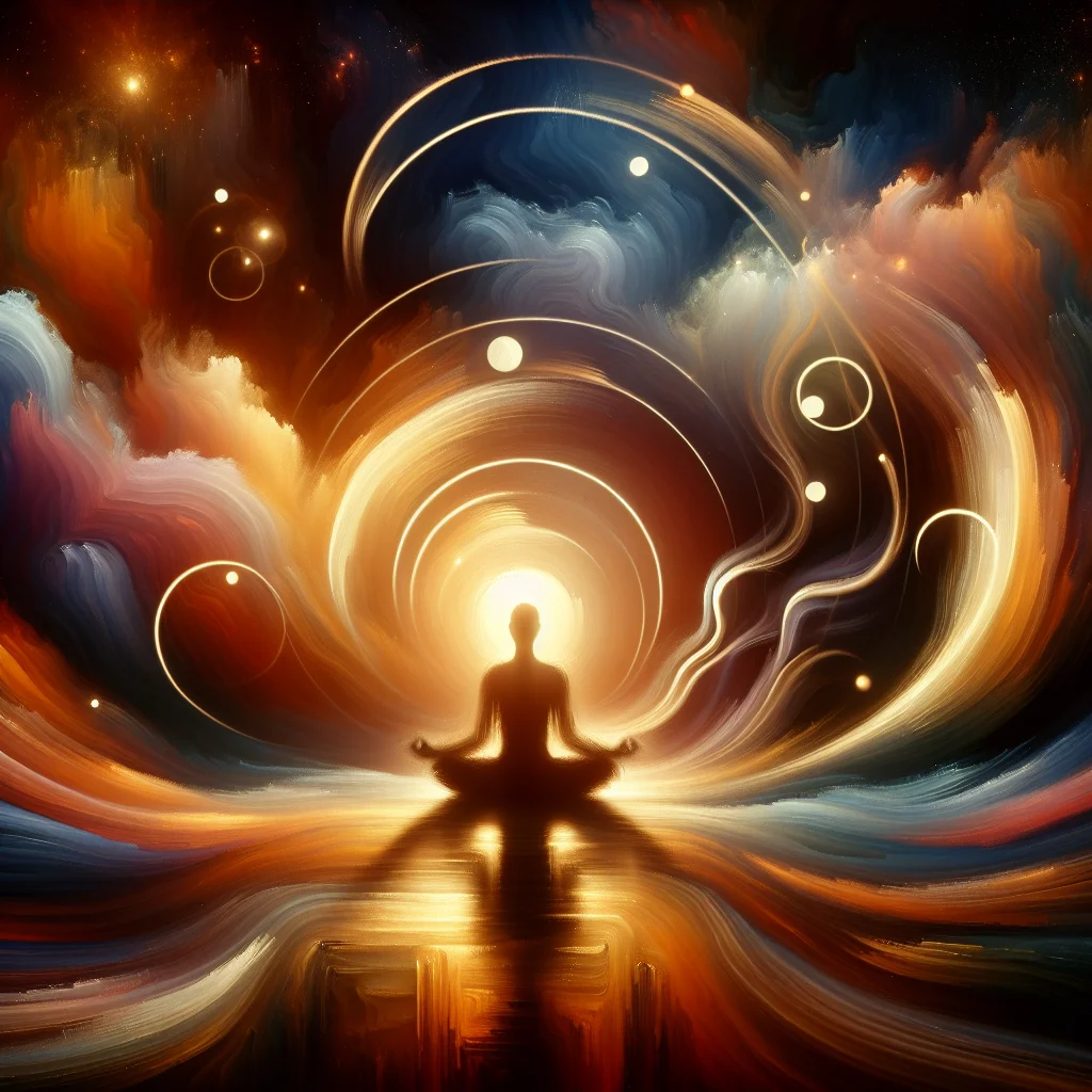 Silhouette of person meditating with energy lines representing quantum meditation benefits
