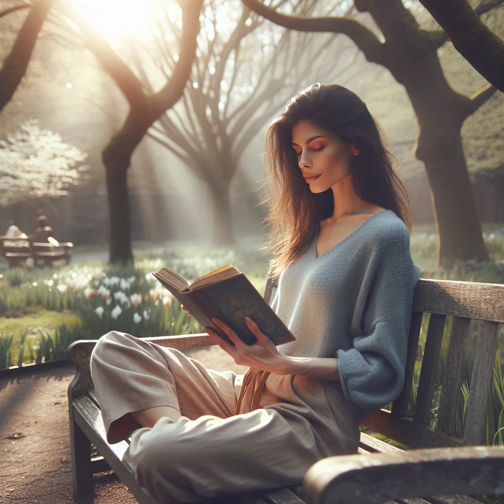 woman reading best book for meditation for beginners in garden with calm background