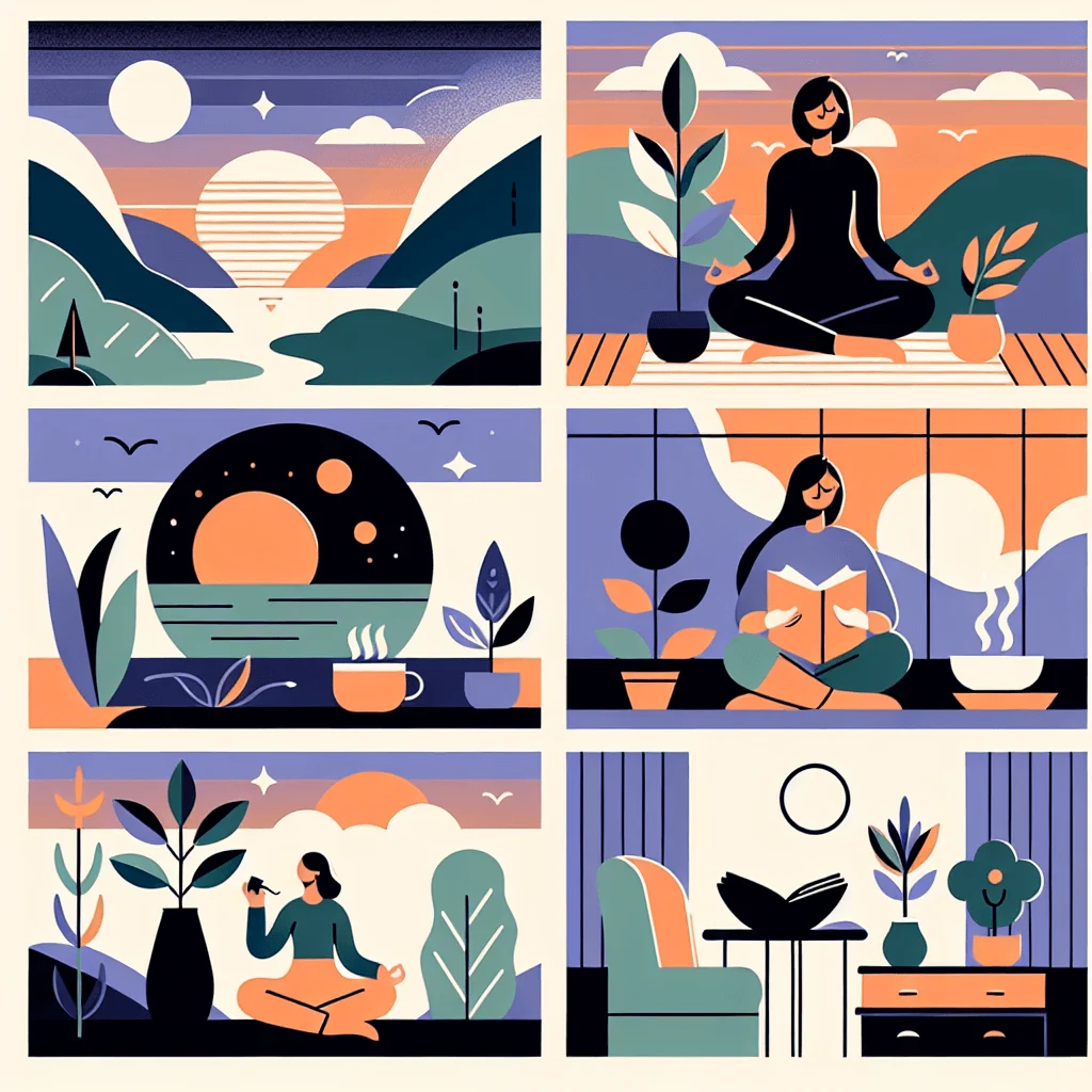 Peaceful woman with a cup of tea reading a meditation book