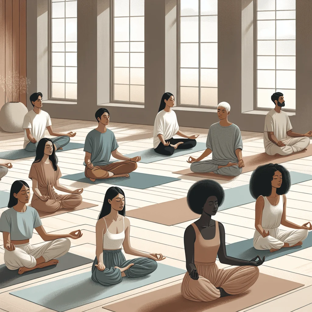 Collage of people practicing various meditation types including mindfulness, yoga, and mantra