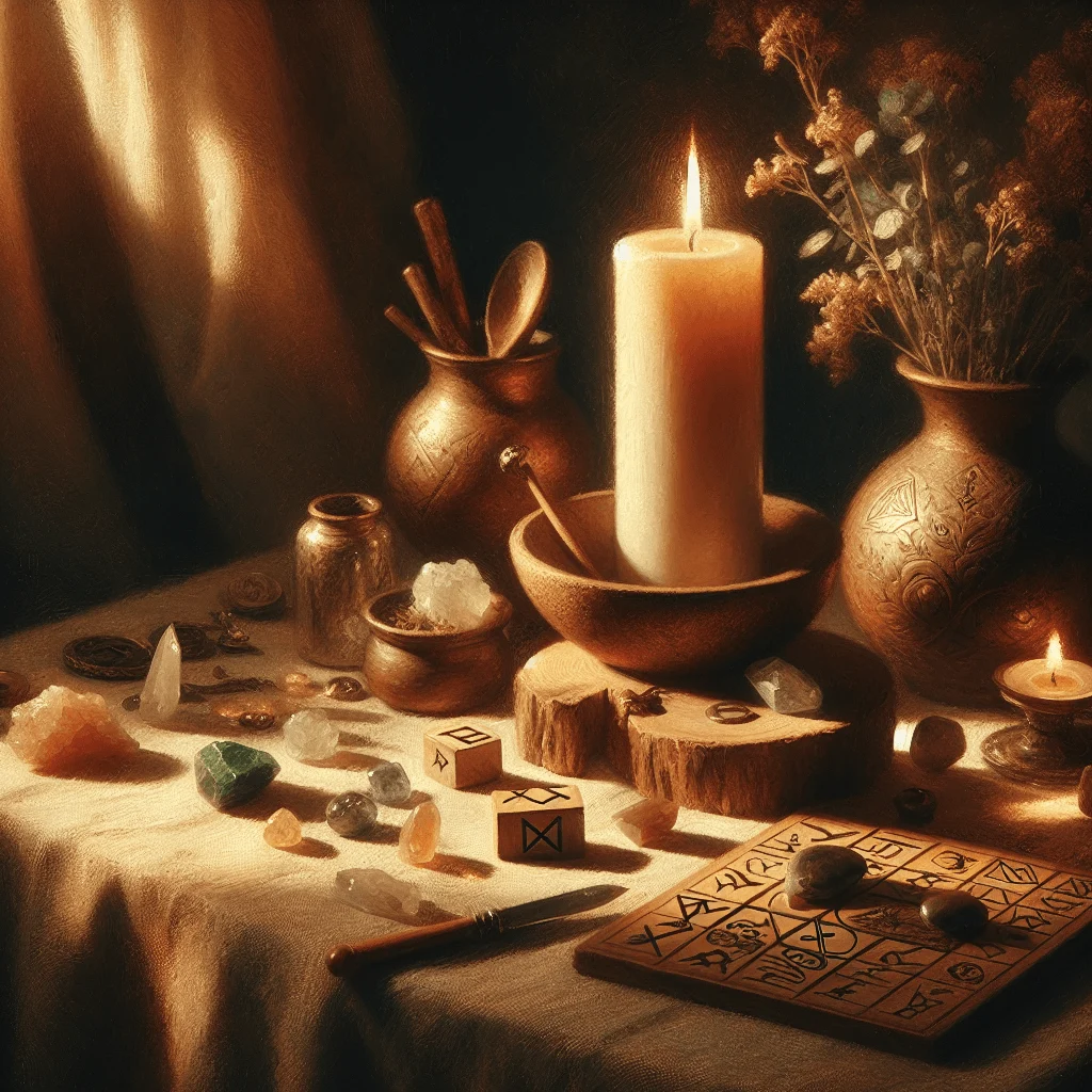 runic symbols arranged for meditation on wooden altar