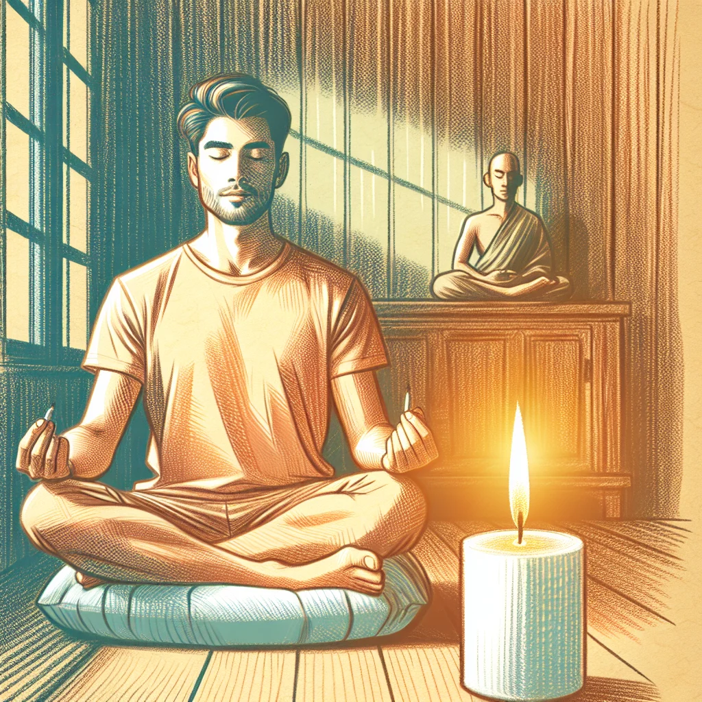 Person following a script for mindfulness meditation by candlelight