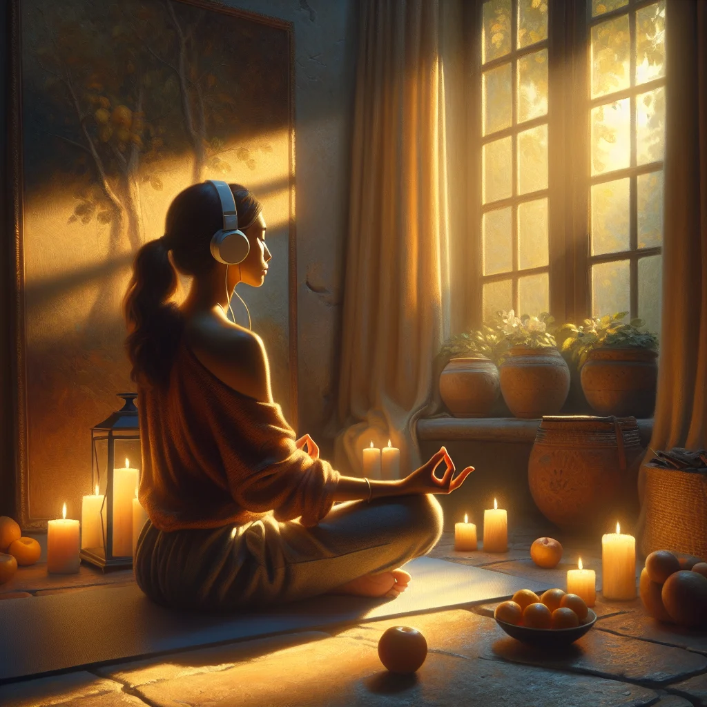 Woman meditating with headphones by a bright window, engaging in guided meditation