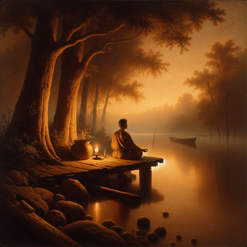 Man meditating silently by a lake, embracing unguided meditation in nature