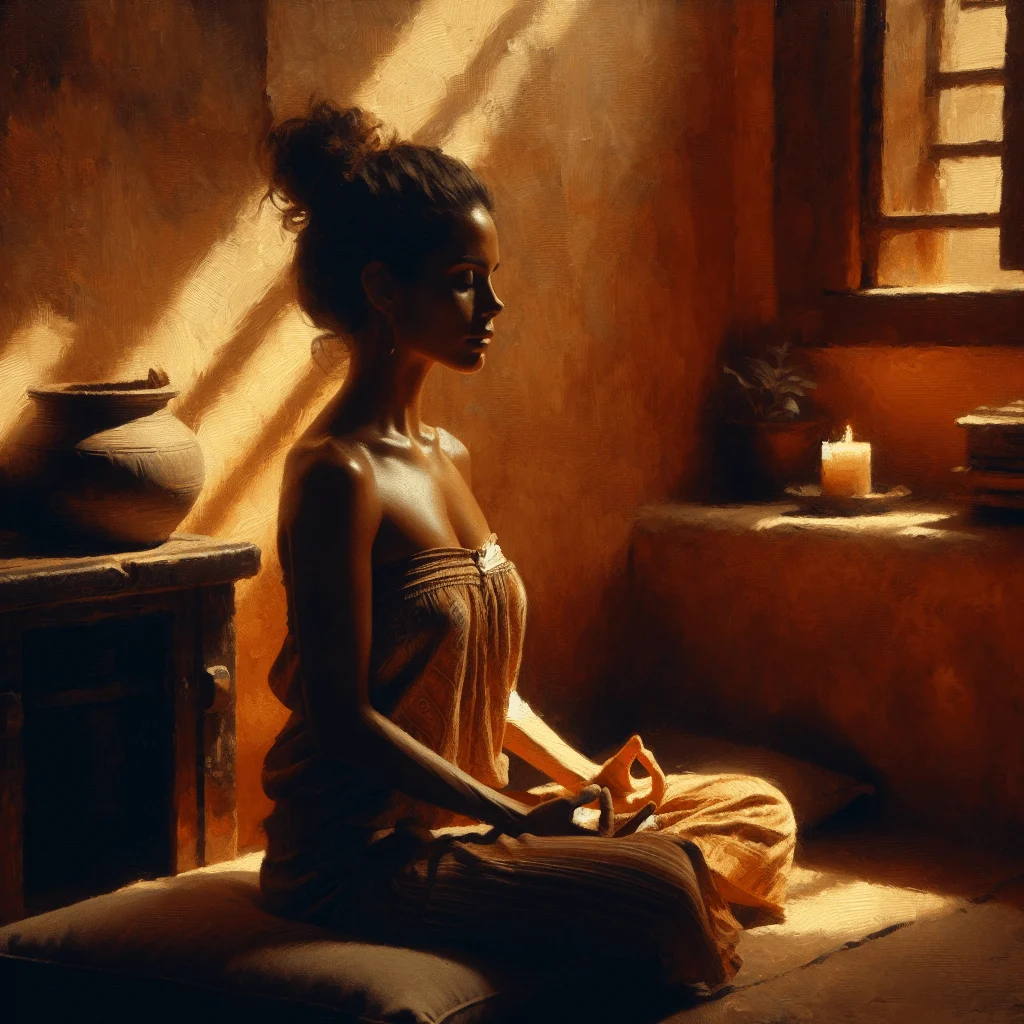 woman practicing somatic meditation in a quiet room focusing on body sensations