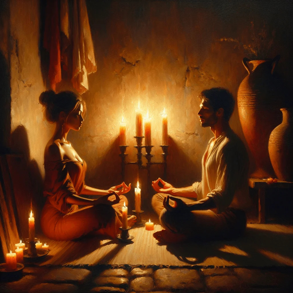 Couple deepening emotional intimacy with tantric meditation sitting surrounded by candles