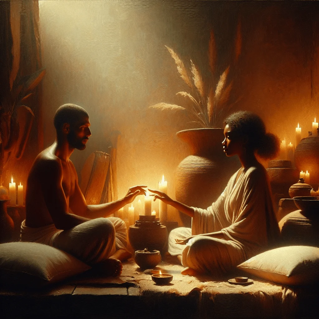 Couple practicing tantric meditation with partner sitting face to face in serene home setting