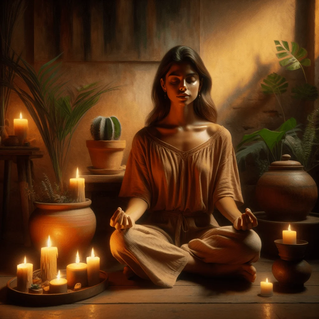 Transcendental meditation practitioner repeating best mantra in serene setting