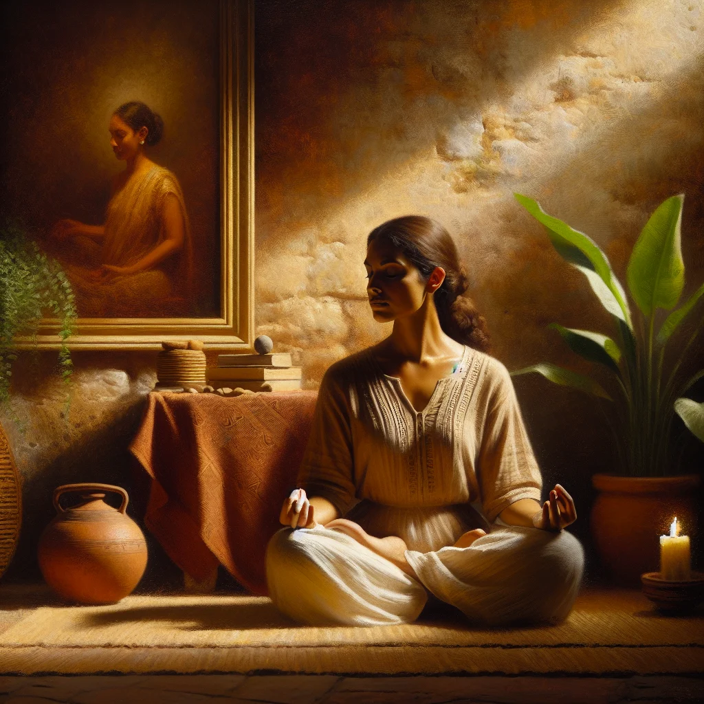 Woman practicing Vipassana meditation at home with calm expression in a peaceful room