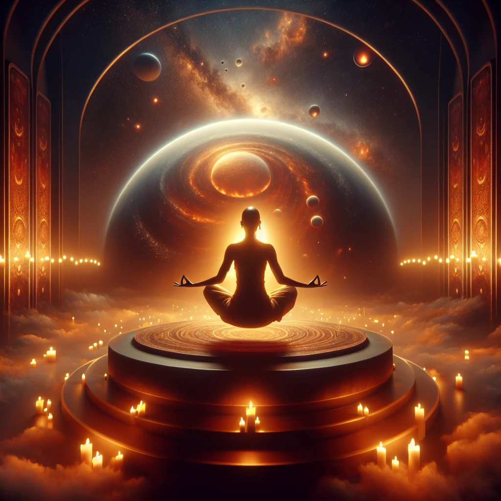 Futuristic Vulcan-inspired meditation with glowing energy surrounding meditator in a sci-fi environment