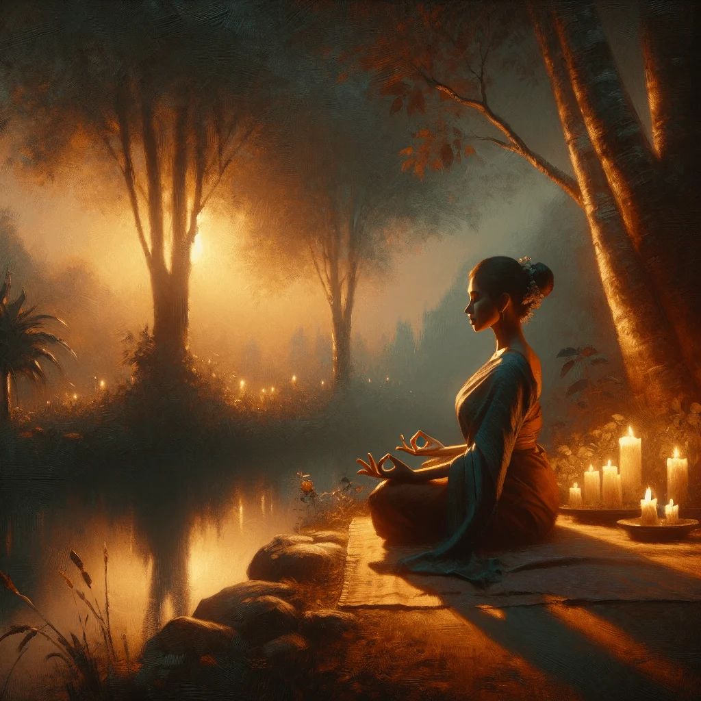 Person practicing mindfulness meditation seated in cross-legged posture near a lake