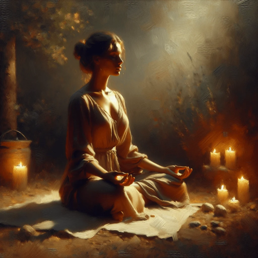 woman practicing transcendental meditation outdoors using breathing technique and mantra