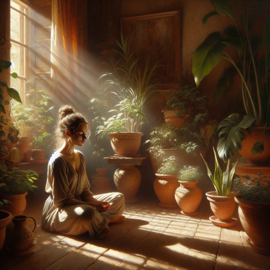 woman practicing meditation in living room - meditation pros and cons