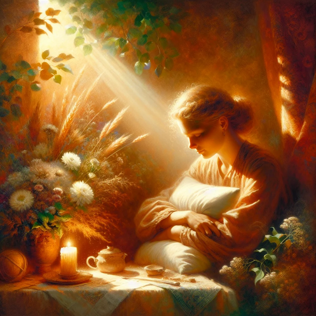 A woman meditating at sunset with a peaceful expression