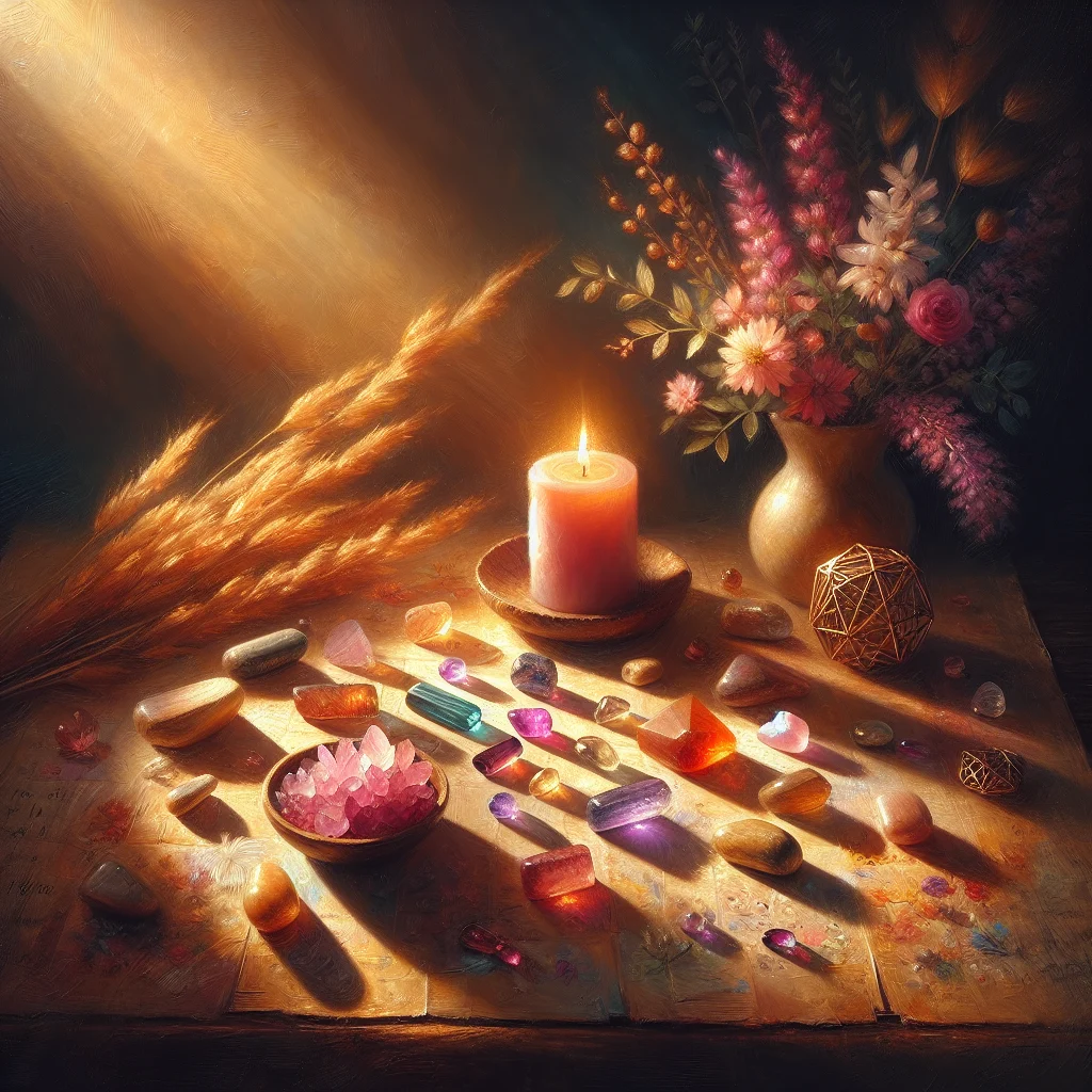 A self love crystal grid with rose quartz, rhodonite, and amethyst arranged in a Flower of Life pattern on a wooden table