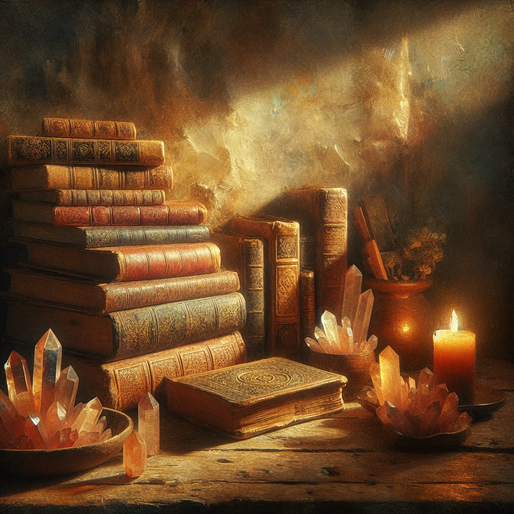 Spiritual books on desk with candle and journal
