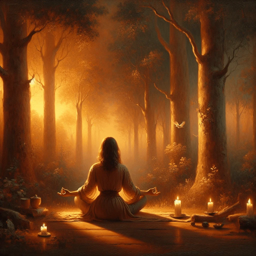 A woman practicing an affirmation for inner peace by meditating in nature