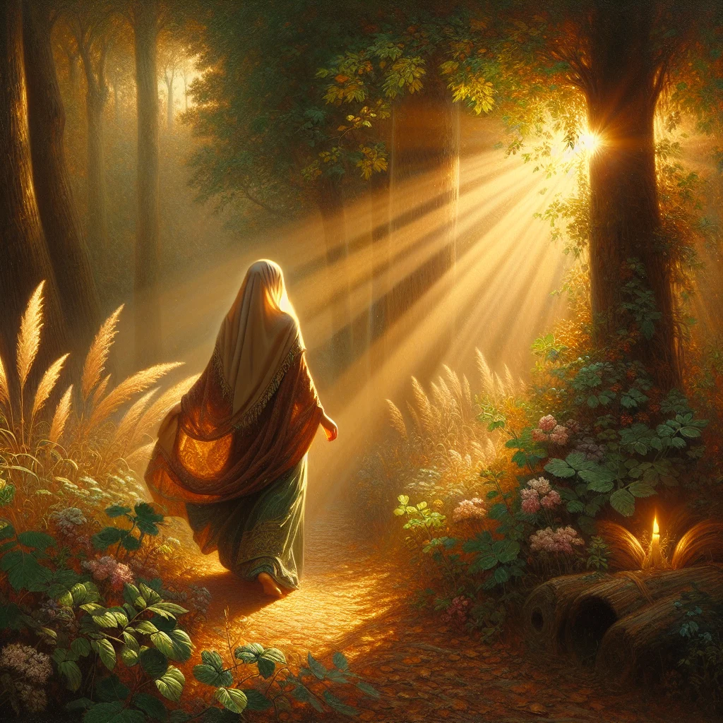 A woman walking mindfully in a tranquil forest, reflecting on the benefits of self discovery