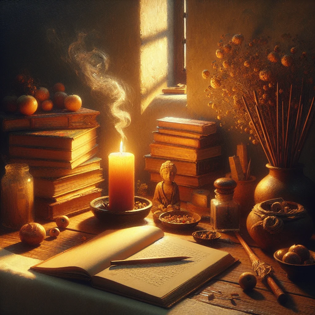 Books for spiritual awakening stacked on a wooden table with a lit candle and mala beads