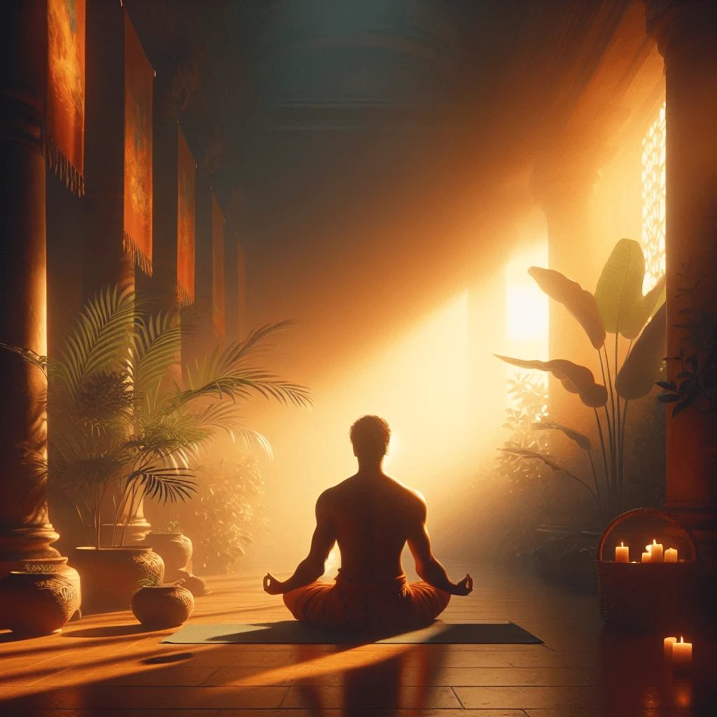 Person sitting peacefully on a yoga mat practicing breath-focused meditation in the early morning light