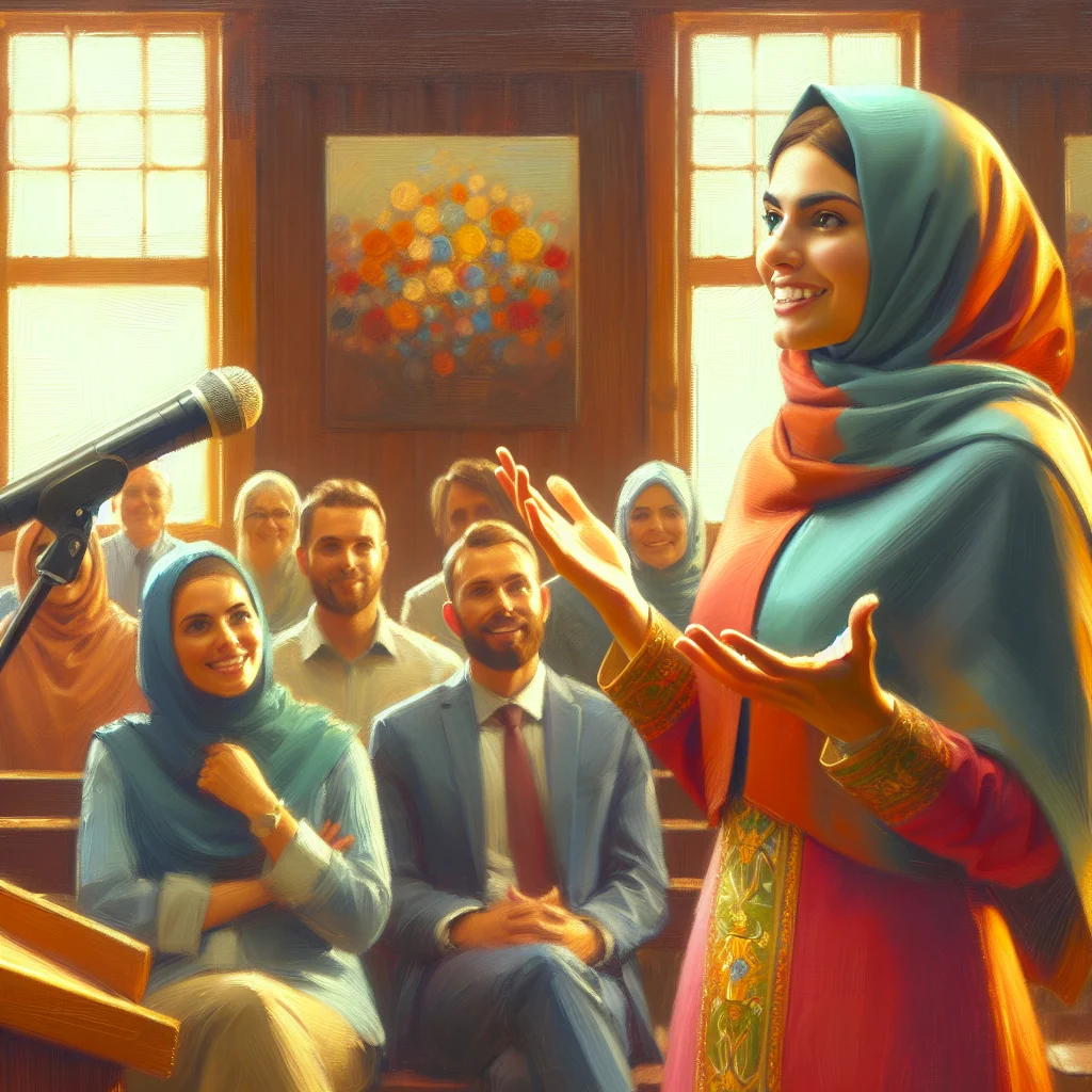 Confident woman speaking in front of audience, illustrating that self confidence can be learned