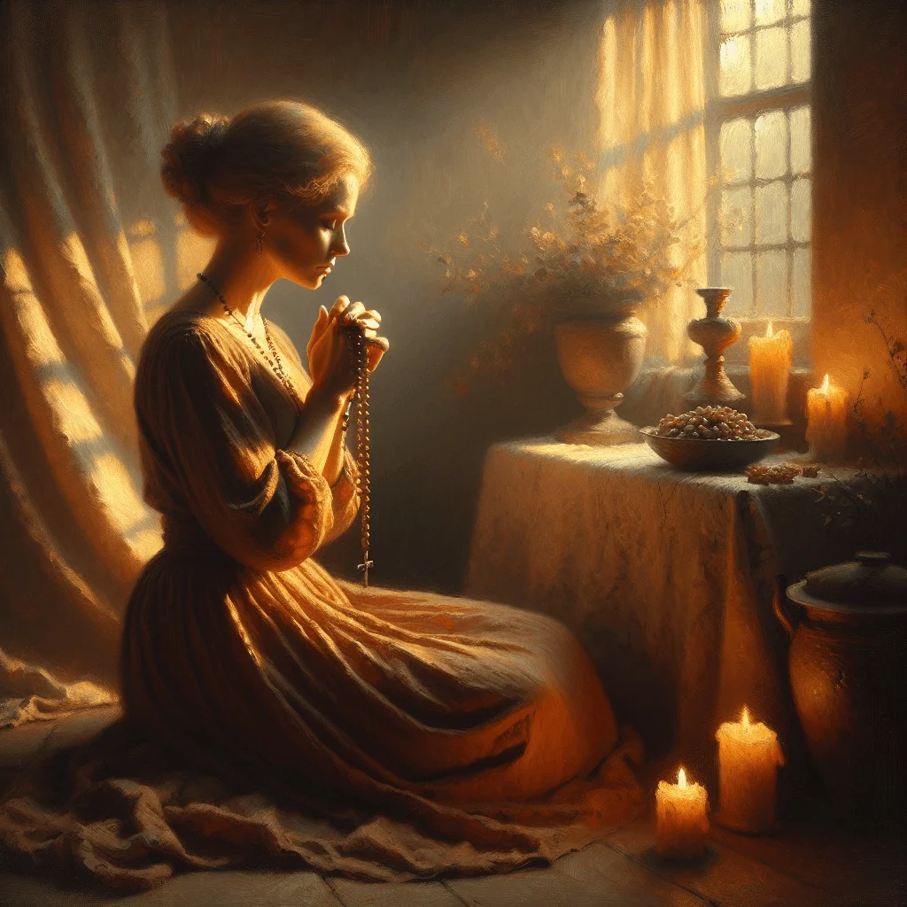 Catholic woman praying peacefully with folded hands in a tranquil home setting