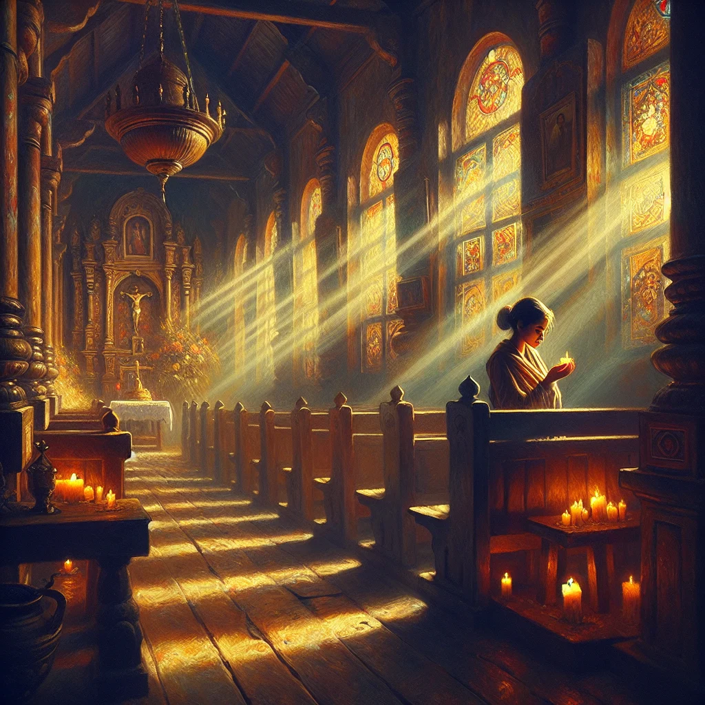 Catholic woman praying for inner peace in a serene church with sunbeams through stained glass